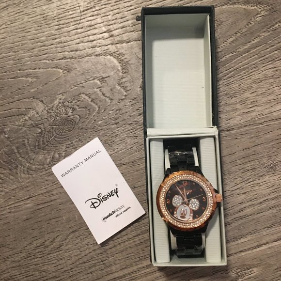 Watch Disney Women's Mickey Mouse Black Enamel Rhinestones Jewelry Bling NIB - Picture 4 of 16